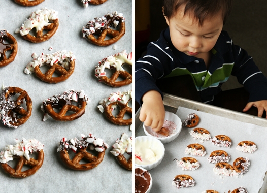 19-month Eli helps mom make no-bake peppermint chocolate pretzels