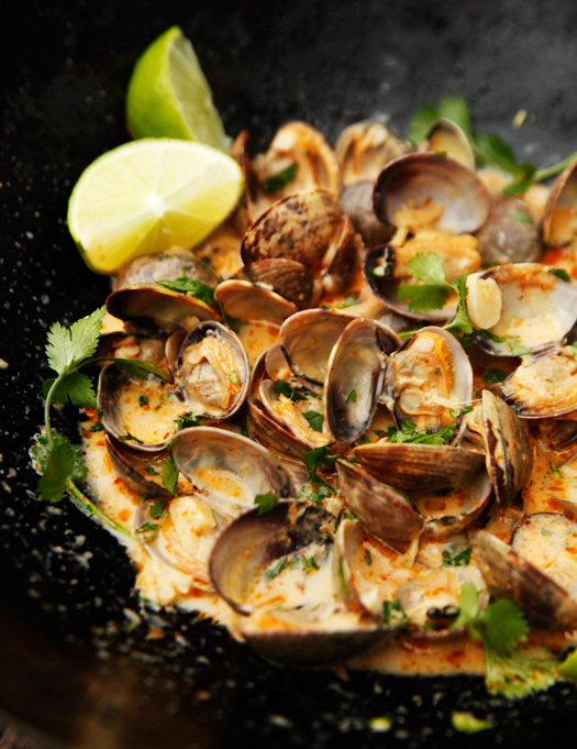 Red Curry, Coconut, and Ginger Infused Steamed Clams